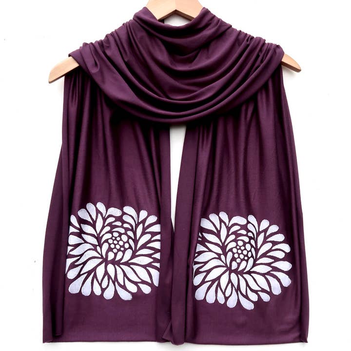 Scarf - Chrysanthemum (white ink) for wholesale by Windsparrow Studio