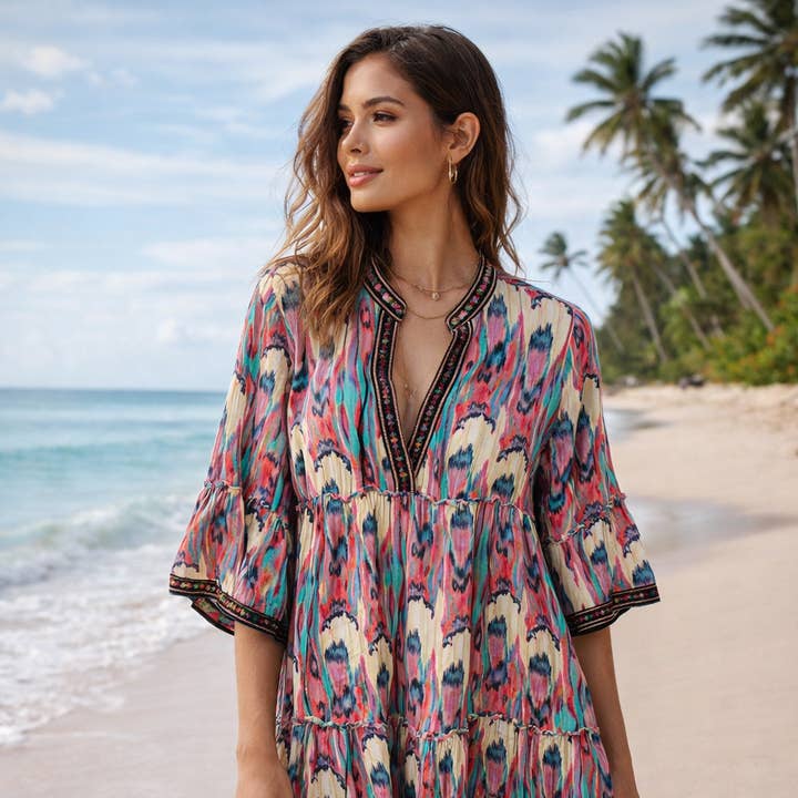 Zonsondergang Mirage in Juweelkleuren Katoenen Mini Jurk Boho Ikat Tuniek voor wholesale door Glamthread