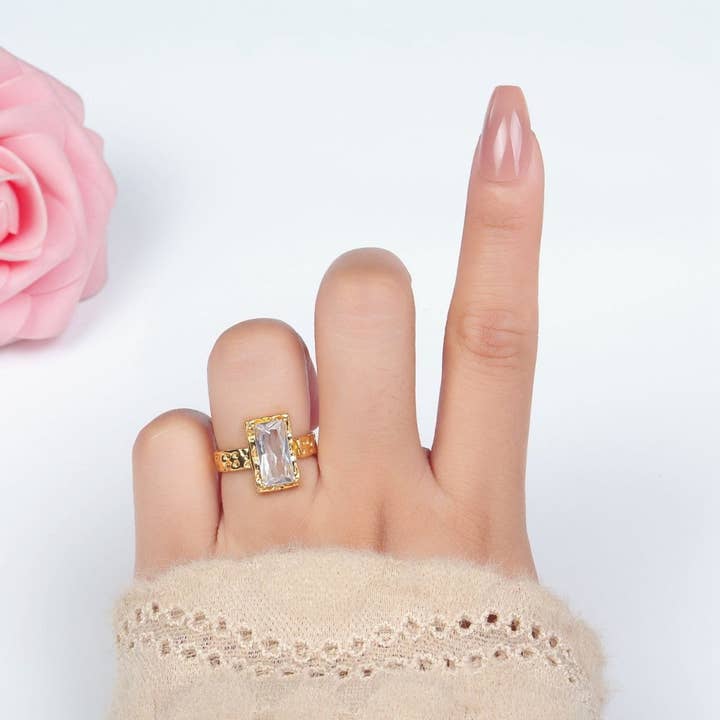 Aim Eternal - Wholesale Band/Stacked Ring - 24K Gold Filled Clear CZ Baguette Hammered Wrap Band Ring | U3204