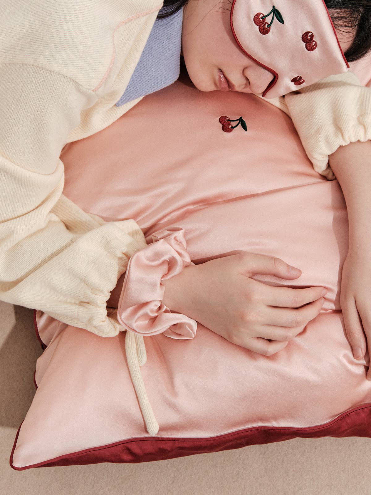 Pink "Lost Cherries" 3 Piece Silk Gift Set - Silk Pillowcase & Silk Sleep Eye Mask & Silk Scrunchie for wholesale on Faire3