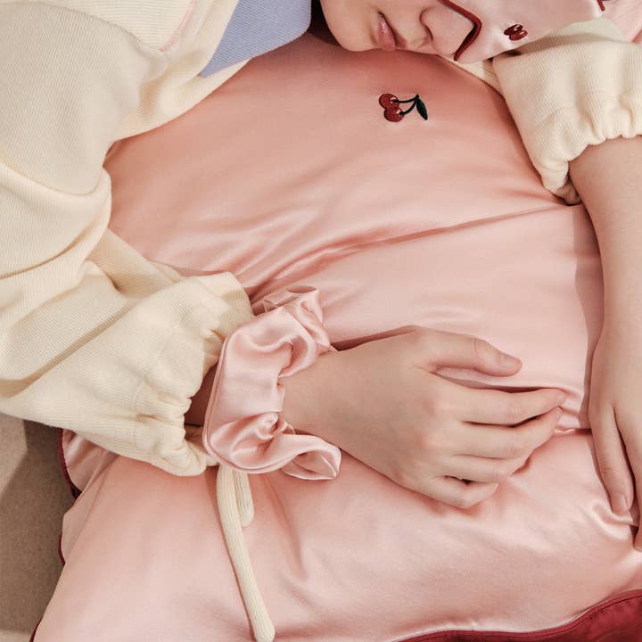 Pink "Lost Cherries" 3 Piece Silk Gift Set - Silk Pillowcase & Silk Sleep Eye Mask & Silk Scrunchie for wholesale on Faire3