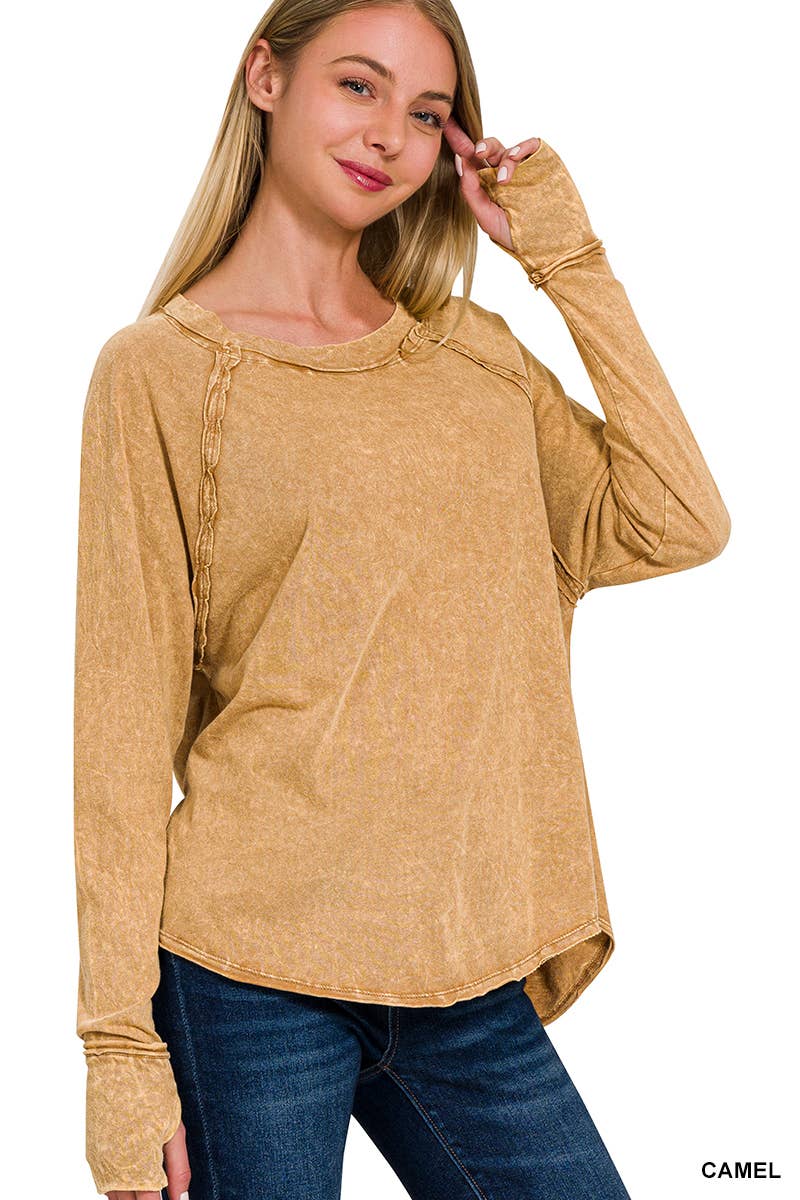 Vanilla Monkey - Wholesale T-Shirt - Women's - Washed Thumb Hole Cuffs Scoop-neck Long Sleeve Top3