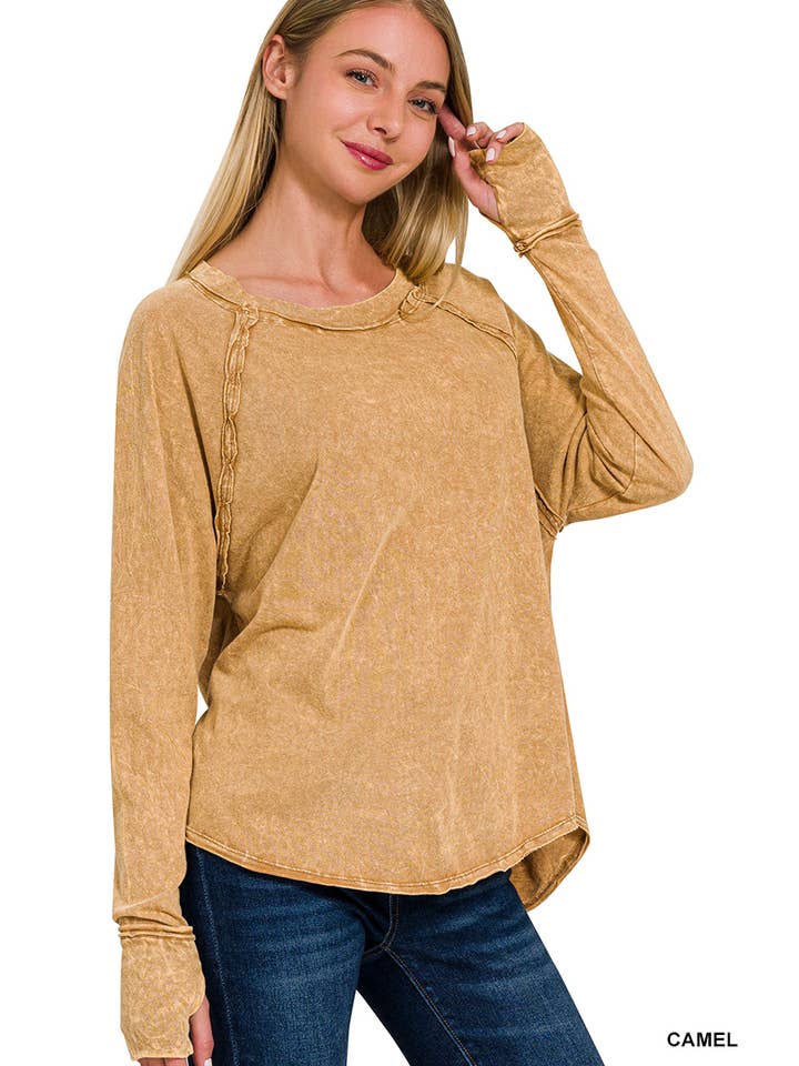 Vanilla Monkey - Wholesale T-Shirt - Women's - Washed Thumb Hole Cuffs Scoop-neck Long Sleeve Top3