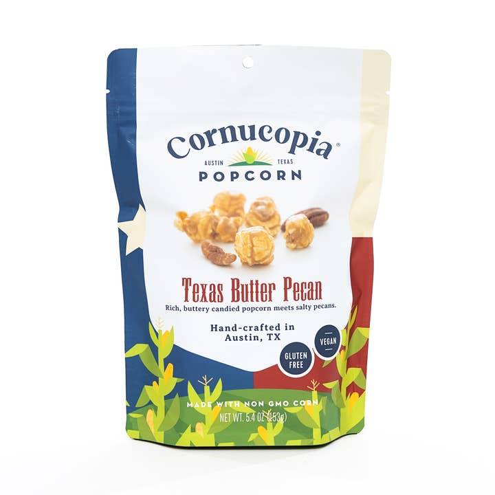 TX Butter Pecan Popcorn (V & GF) Signature Bag- for wholesale by Cornucopia Popcorn