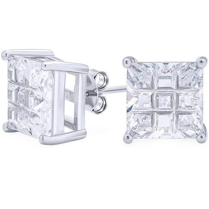 Sterling Silver Invisible Princess Cut Simulated Diamond Studs Earrings for wholesale by Vesa Jewels