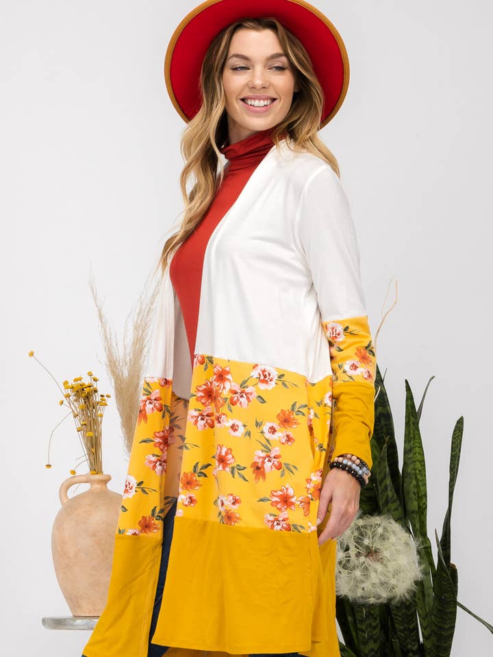 WOMEN'S FALL FLORAL AND SOLID COLOR BLOCK CARDIGAN for wholesale by Celeste Clothing