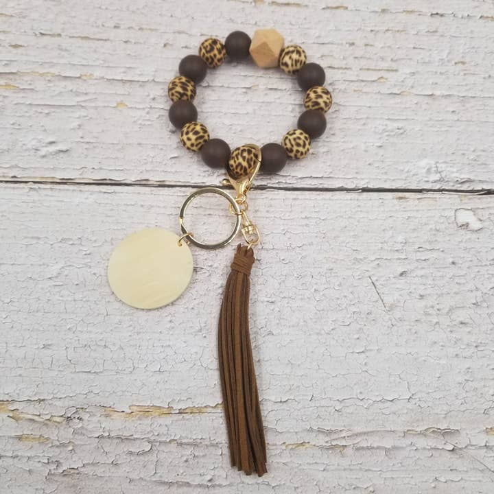 Coffe Leopard Wood Bead Bracelet Keychain for wholesale by Treasure Wholesale