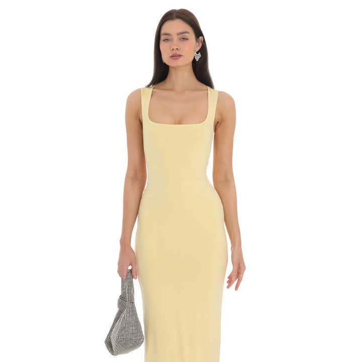 Lucy In The Sky - Wholesale Dress - Women's - Square Neck Bodycon Midi Dress in Yellow
