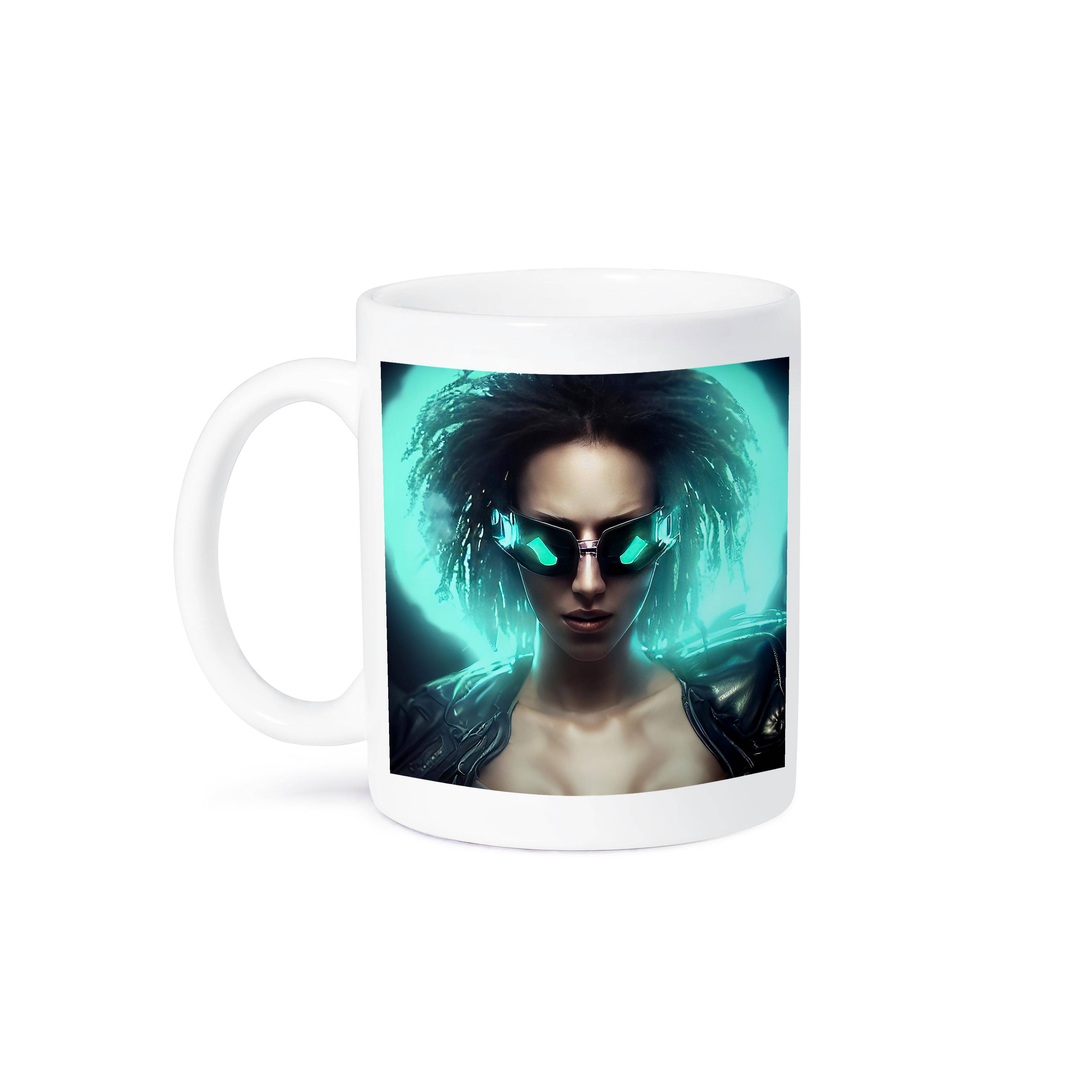 3dRose - Wholesale Coffee Mug - 3dRose, Fantasy cyborg brunette woman in special glasses. Green light behind, Mug8