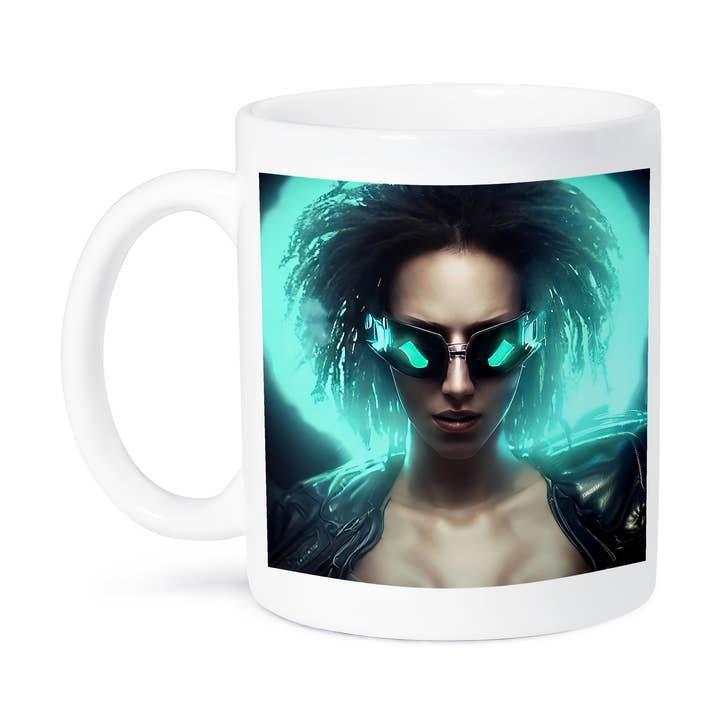 3dRose - Wholesale Coffee Mug - 3dRose, Fantasy cyborg brunette woman in special glasses. Green light behind, Mug8