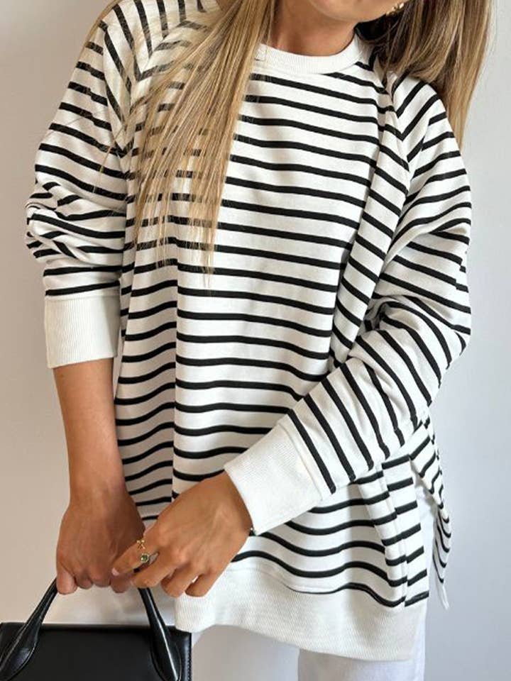 Black Stripe Raglan Sleeve Side Slits Loose Sweatshirt for wholesale on Faire