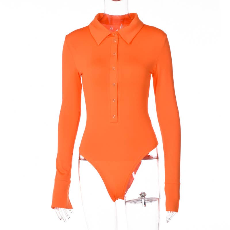 UNISHE - Wholesale Bodysuit - Women's - Plain Button UP Long Sleeves One Piece Bodysuit ZZKF41019