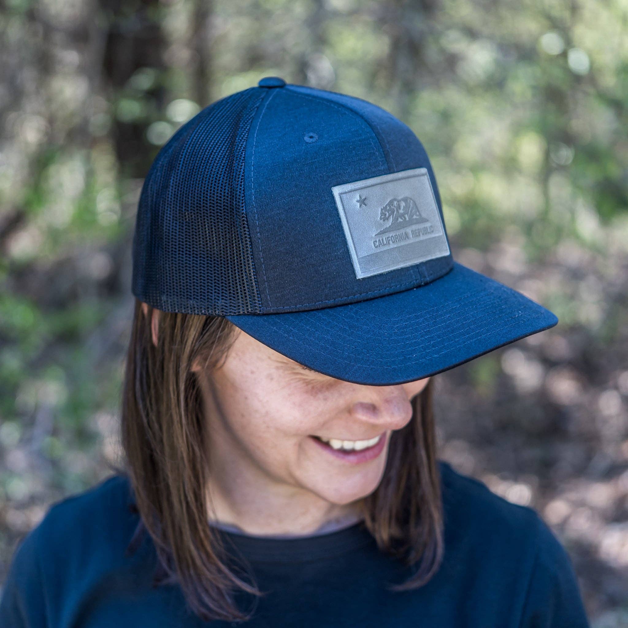 Ox & Pine - Wholesale Trucker Hat - Unisex - Leather Patch Performance Style Trucker Hat - California Flag Stamp3