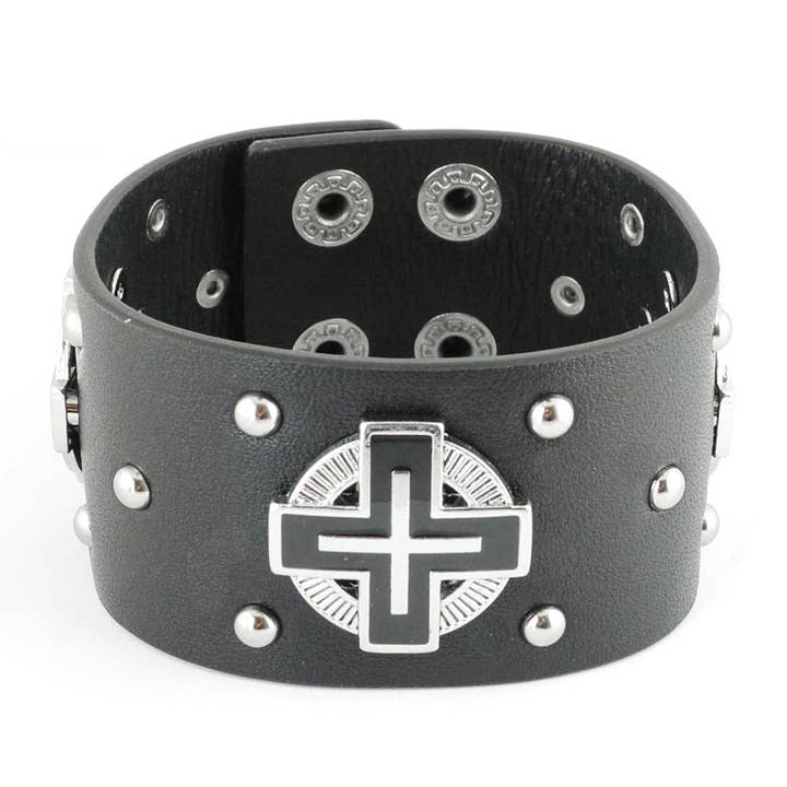 SK2101 Men's Halo Christian Cross Leather Bracelet for wholesale by Heavy Metal Jewelry