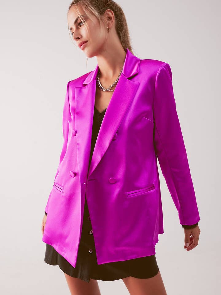 Satin double breasted suit blazer in fuchsia for wholesale on Faire
