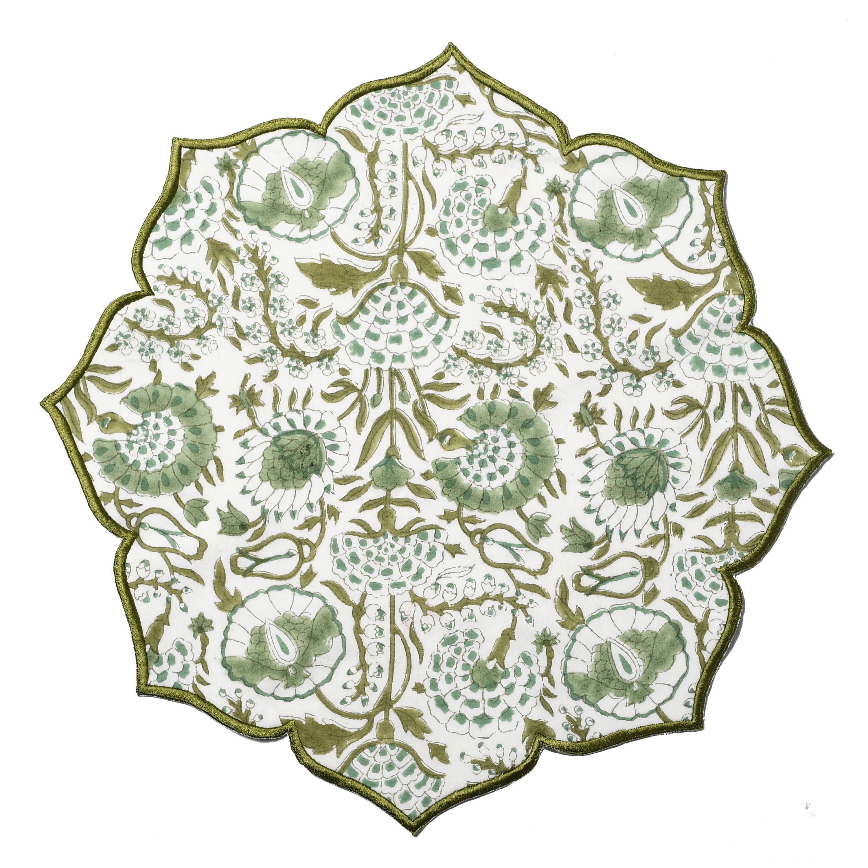 Cotton Print Club - Wholesale Placemat - Agate Green Block Printed Cotton Scalloped Flower Placemat 0