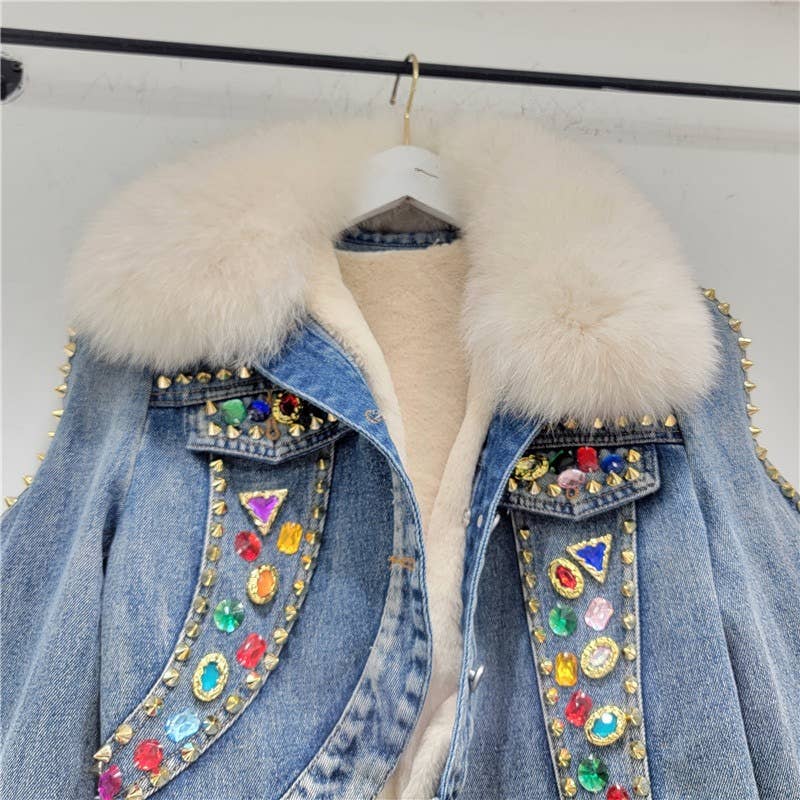 Blue JK073 Trendy Gemstone Denim Jacket -Faux fur lined for wholesale on Faire2