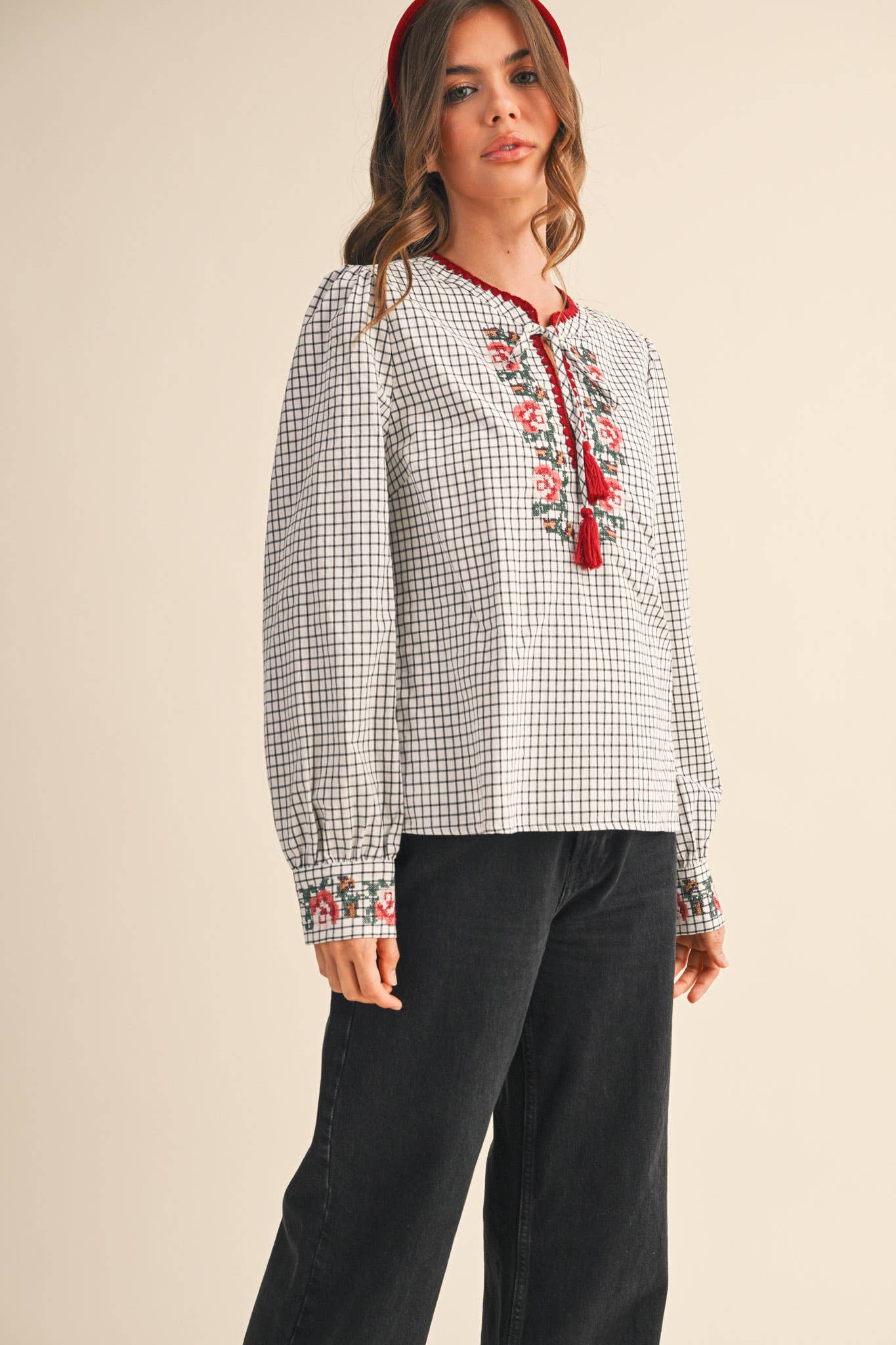 &MERCI - Wholesale Blouse - Women's - FLORAL CROSS STITCH EMBROIDERED CHECKERED TOP MTP414712