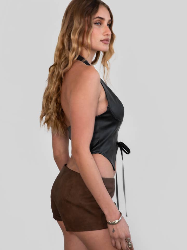 TICTOC - Wholesale Blouse - Women's - CARA Lightweight PU Vegan Leather V Neck Lace Up Halter Top1