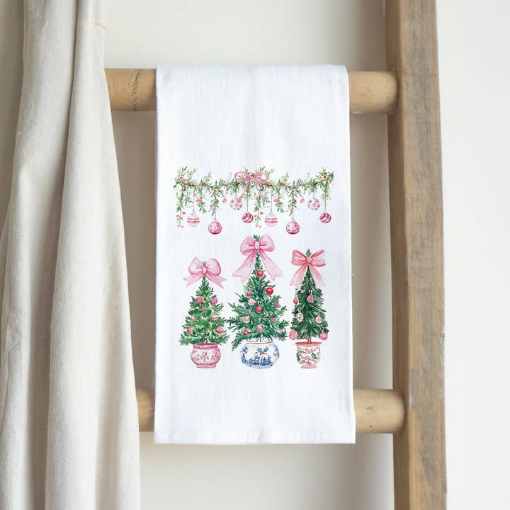 White Cotton Tea Towel-Blush & Baubles - Millennial Christmas for wholesale on Faire2