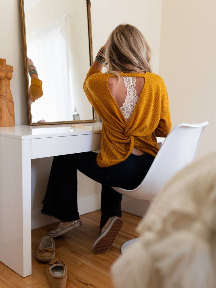 Three Bird Nest - Wholesale Knit Top - Women's - Flattering Open Back Thermal Knit Top - Mustard