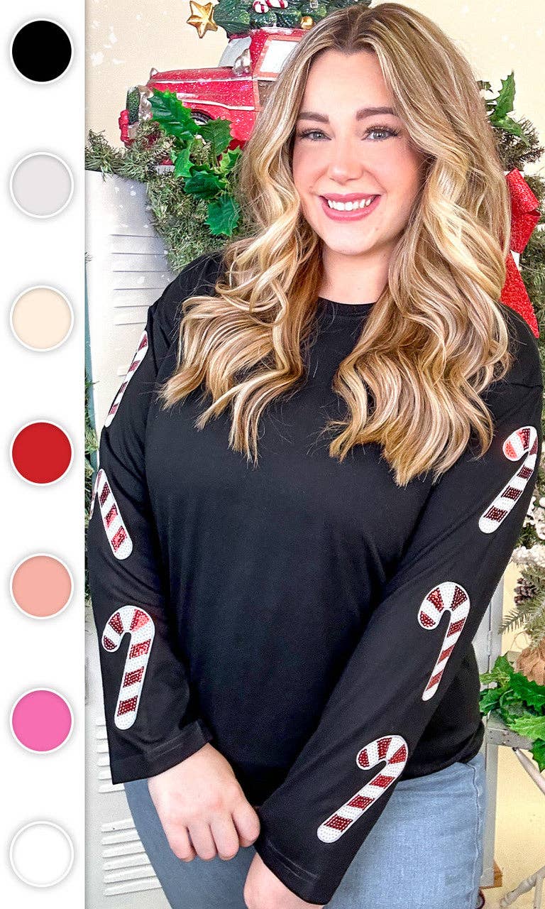 Sugar Stitch - Wholesale T-Shirt - Women's - Sparkle Candy Cane Graphic Long Sleeve T-Shirt0