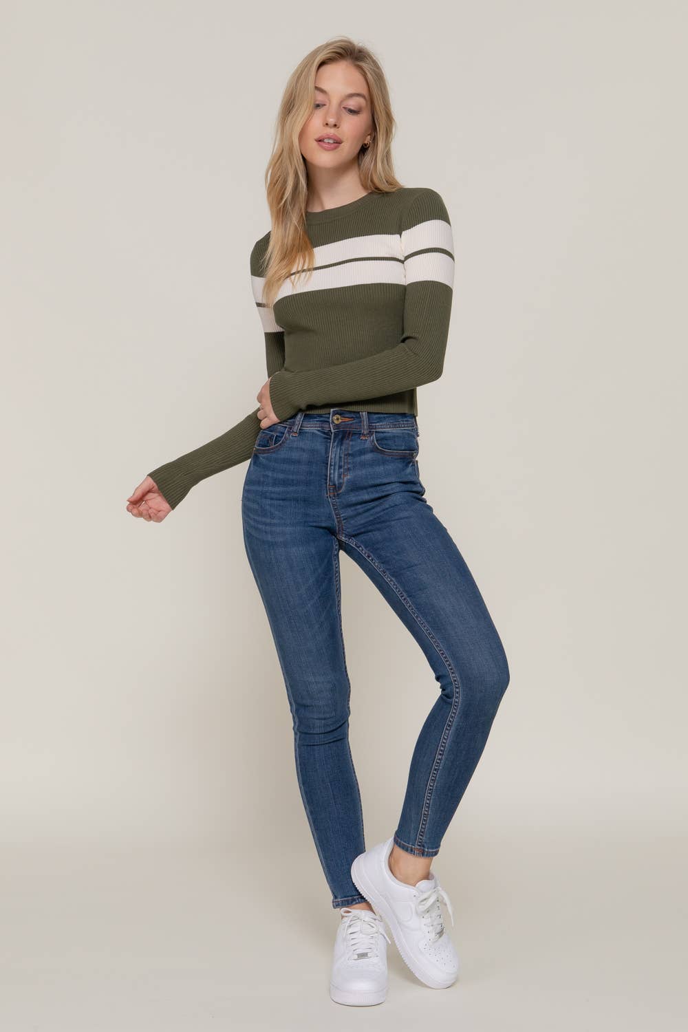 Active Basic | Active USA – wholesale Knitted jumper – Women′s – Long Sleeve Mock Neck Stripe Rib Sweater 3