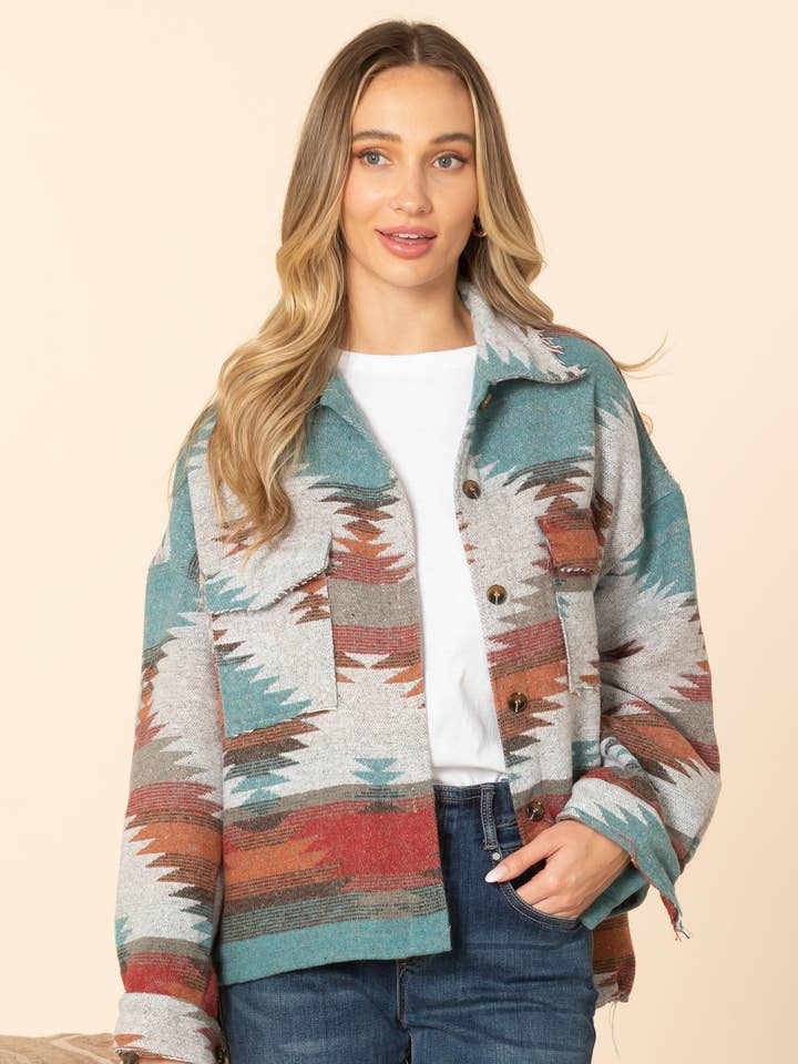 EP-JK27F003 Western Printed Fleece Shacket for wholesale by ePretty