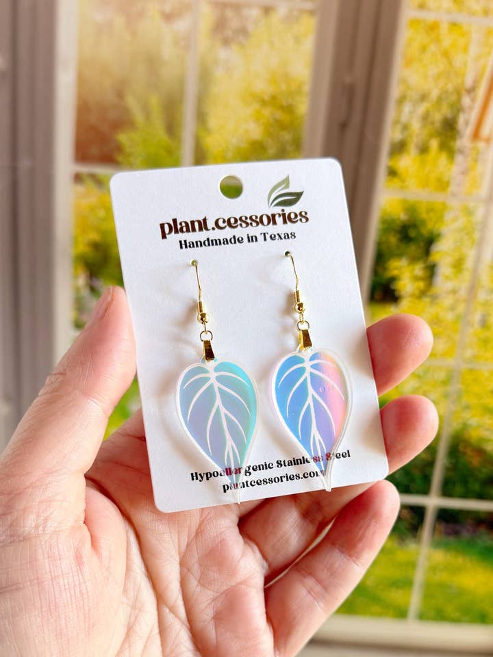 Iridescent Philodendron Leaf Earrings for wholesale by plant.cessories