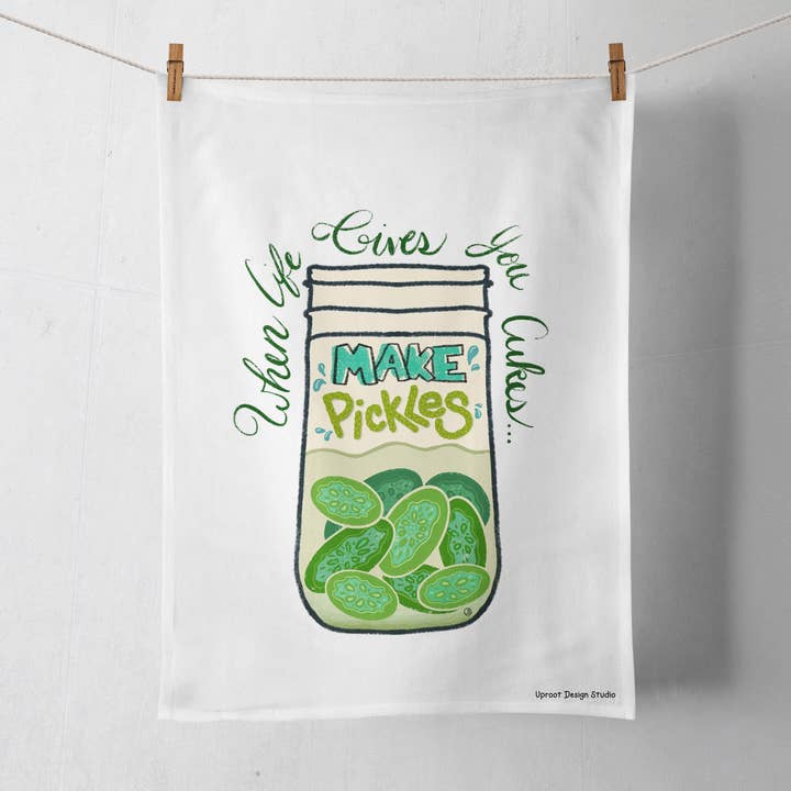 100% Organic Cotton "In a Pickle" Kitchen Tea Towel w. Hand-drawn Pickles in a Jar (Everyday Humor) for wholesale by UpRoot Design Studio