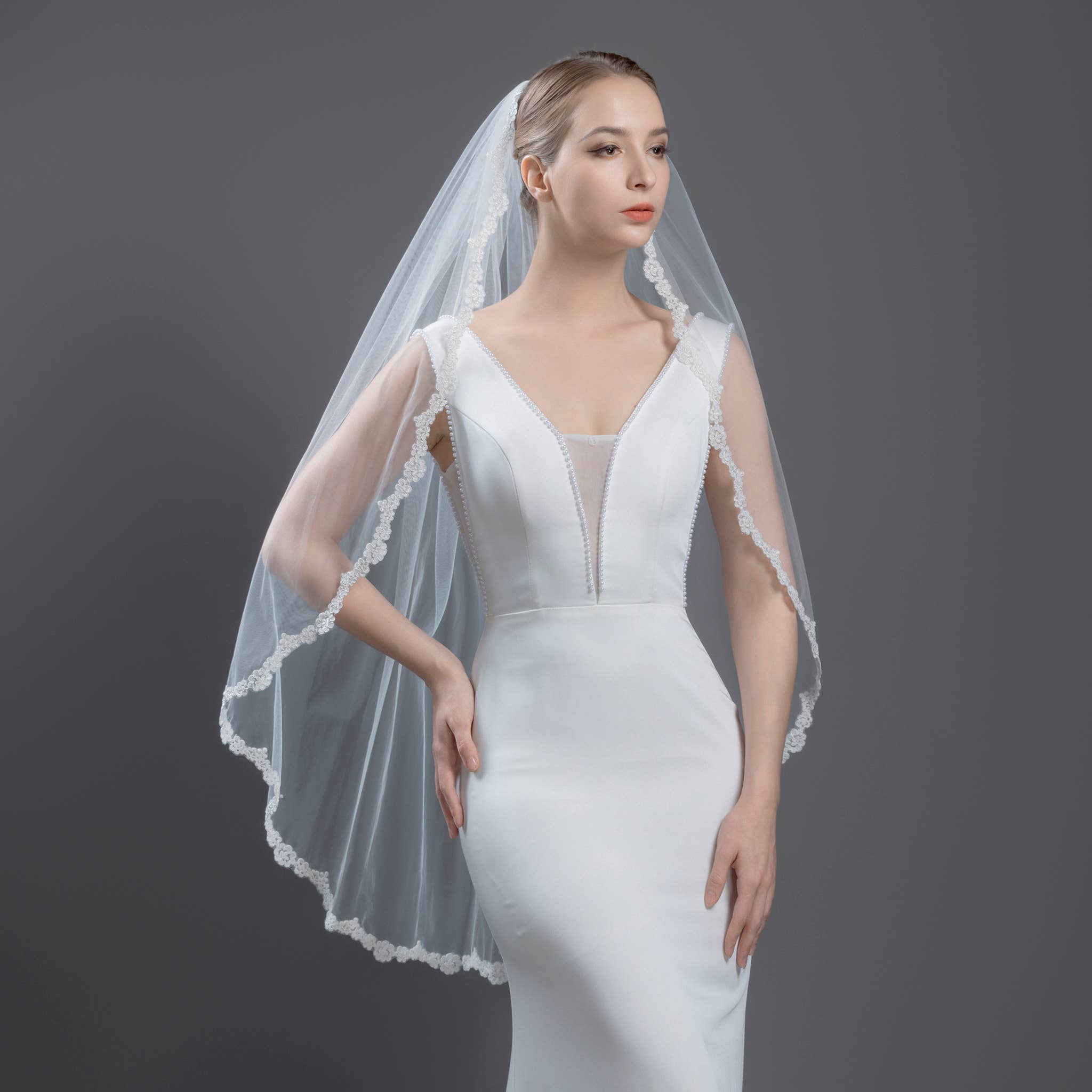 Farinosa Bridal - Wholesale Veil - Women's - FS6299 Floral Vine Embroidered Lace Bridal Veil 42"2