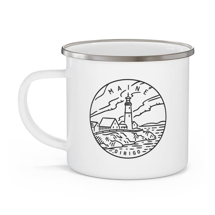 Maine State Motto Enamel Camping Mug for wholesale by The Northwest Store