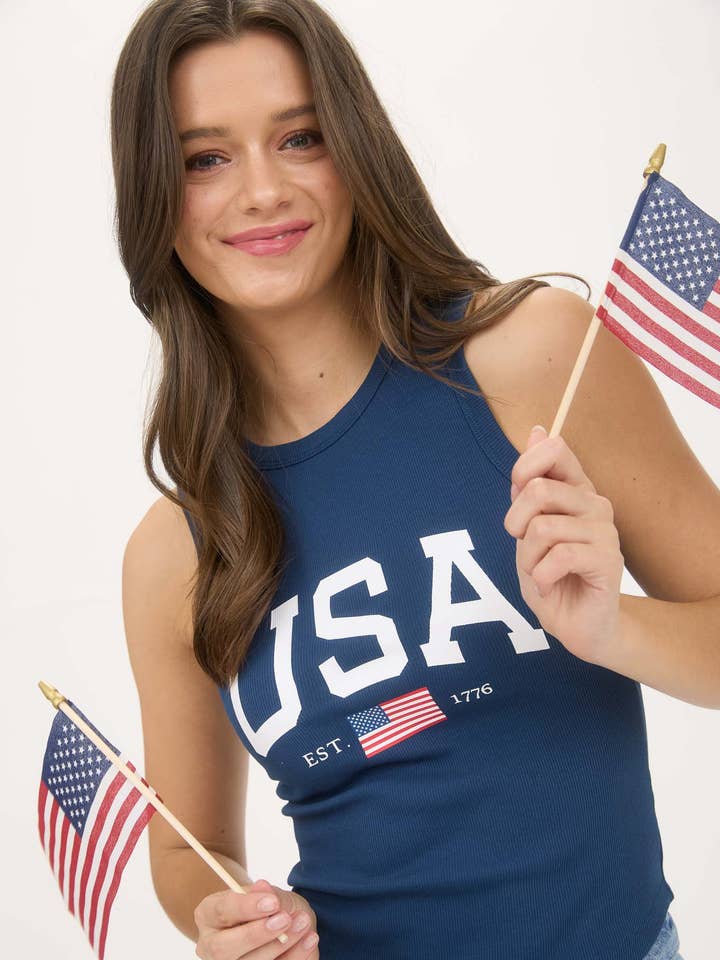 USA AMERICA GRAPHIC KNIT TANK TOP for wholesale by Blu Pepper