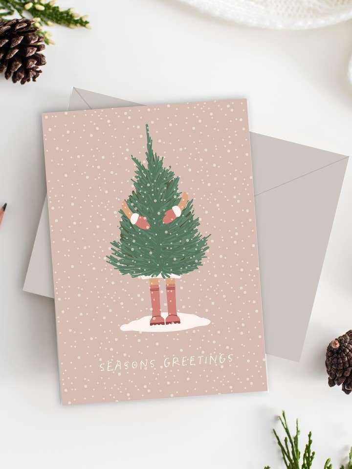 Tarjeta navideña Seasons Greetings, laminada en plata para venta al por mayor de Três Paper Co