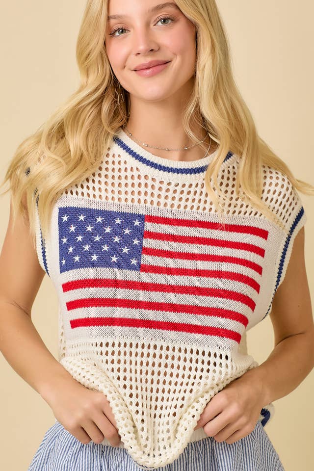 Main Strip - Wholesale Knit Top - Women's - American Flag Crochet Sleeveless Top