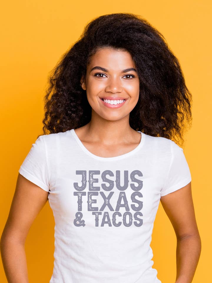 Reduced Price! Womens Jesus, Texas And Tacos White T-shirt - Tacos, Tex-mex, Funny, Novelty, Dining, Cotton-blend, Lonestar for wholesale by FletcherTees