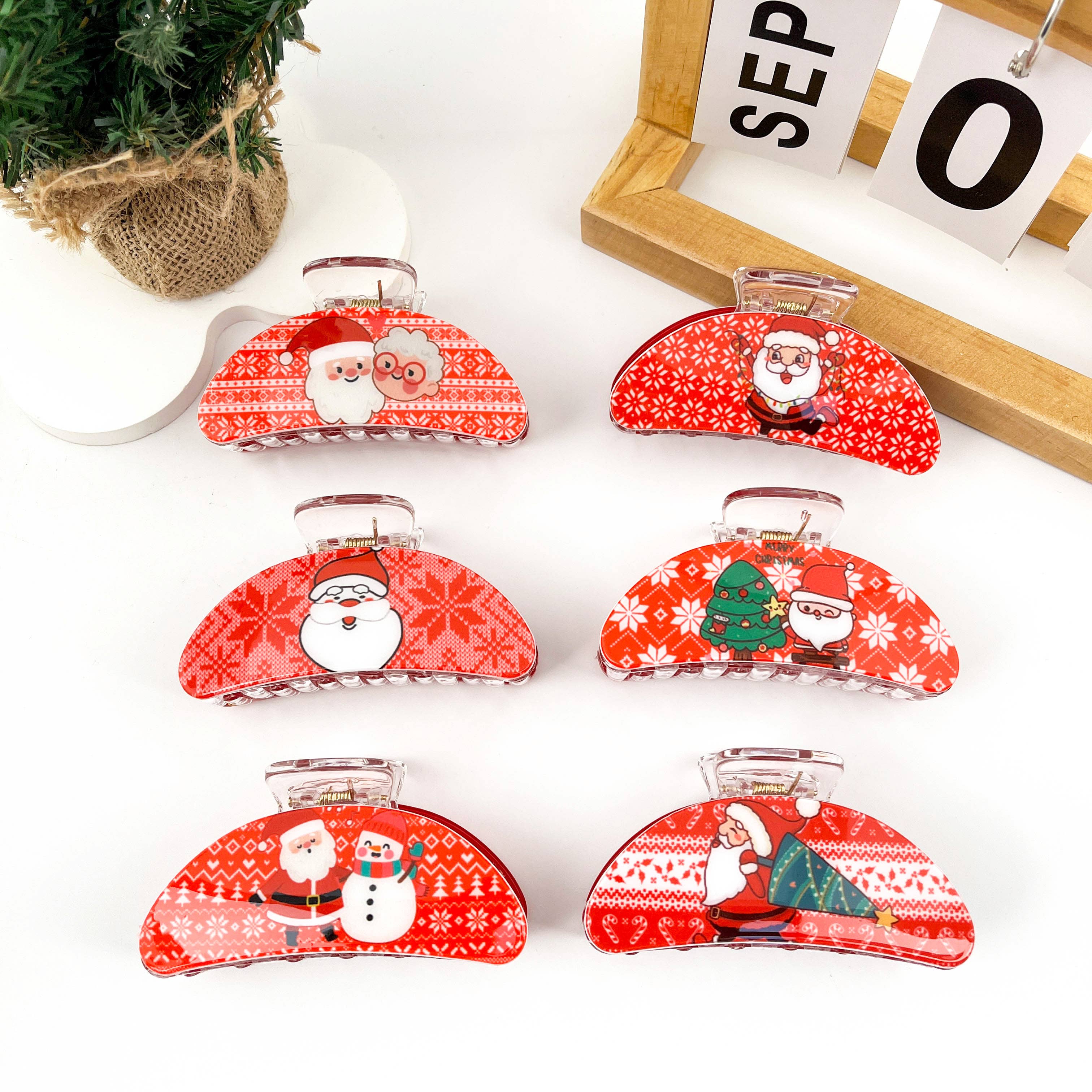 mildstyles - Wholesale Hair Clip - Women's - Christmas Red PU Santa Claus Printed Crescent Hair Claw Clip6