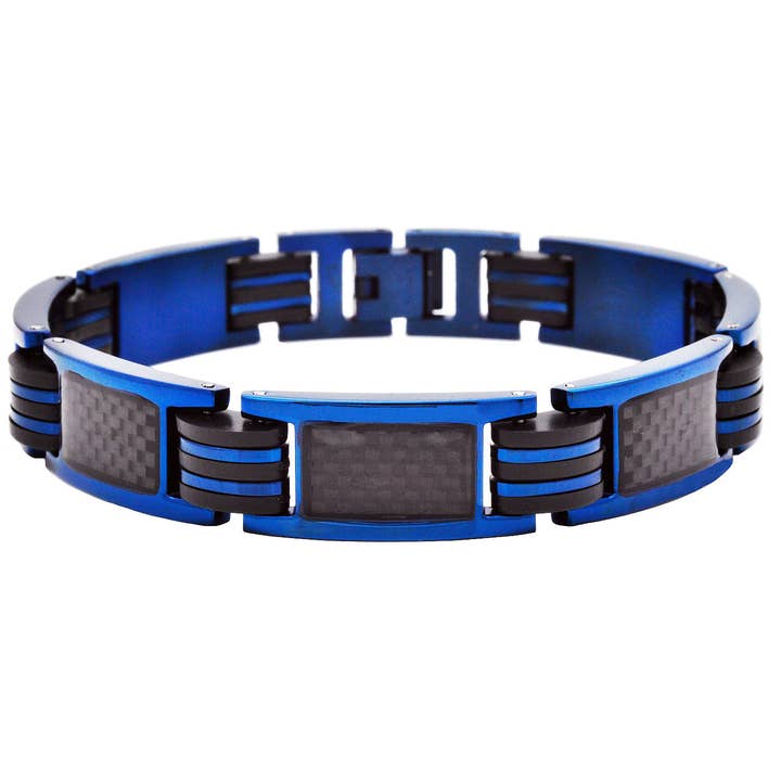 Herrearmbånd i blåt rustfrit stål og silikone med kulfiber for engroshandel hos Blackjack Mens Jewelry