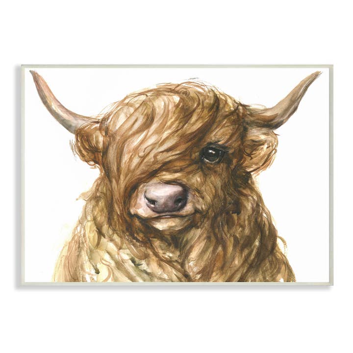Stupell Industries - Wholesale Plaque - Curly Hair Highland Cow Baby Cattle Portrait