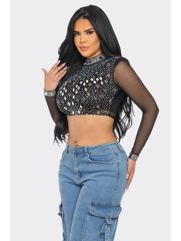 BANJUL - Vendita all'ingrosso Camicetta - Donna - BTS12881 Top Corto a Rete con Strass a Specchio Lucido7