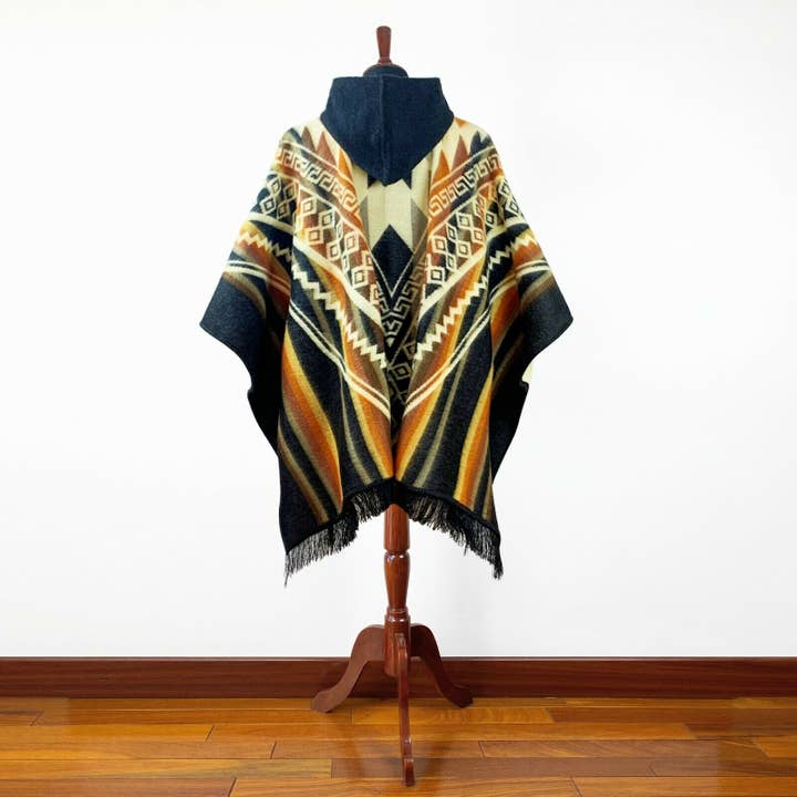 ECUALAMA - Venta al por mayor Poncho - Unisex - Poncho unisex con capucha de lana de alpaca XXL - patrón azteca - NEGRO
