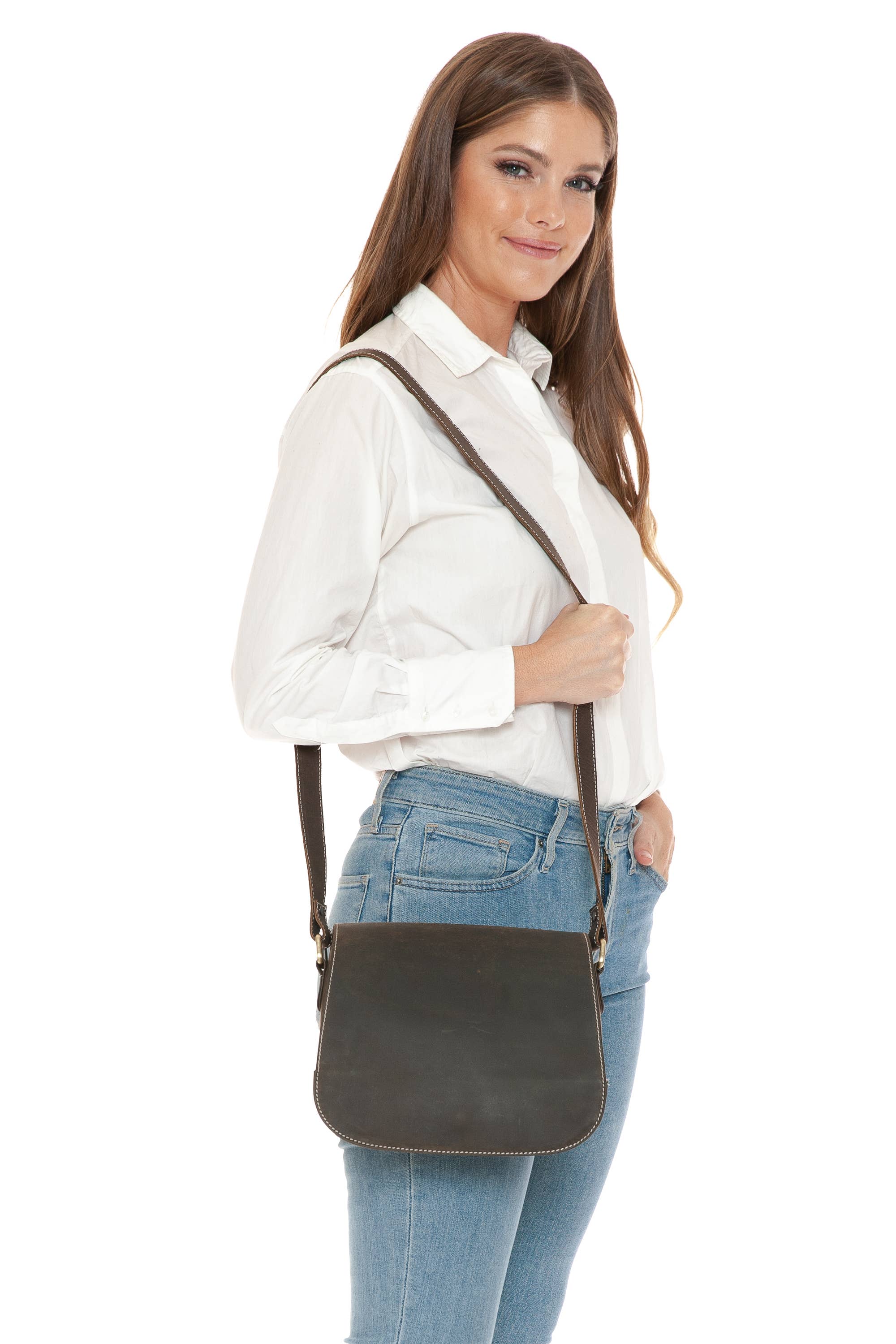 Leather Impressions Inc - Wholesale Crossbody Bag - Women's - Hunter Leather Flap Over Saddle Bag7