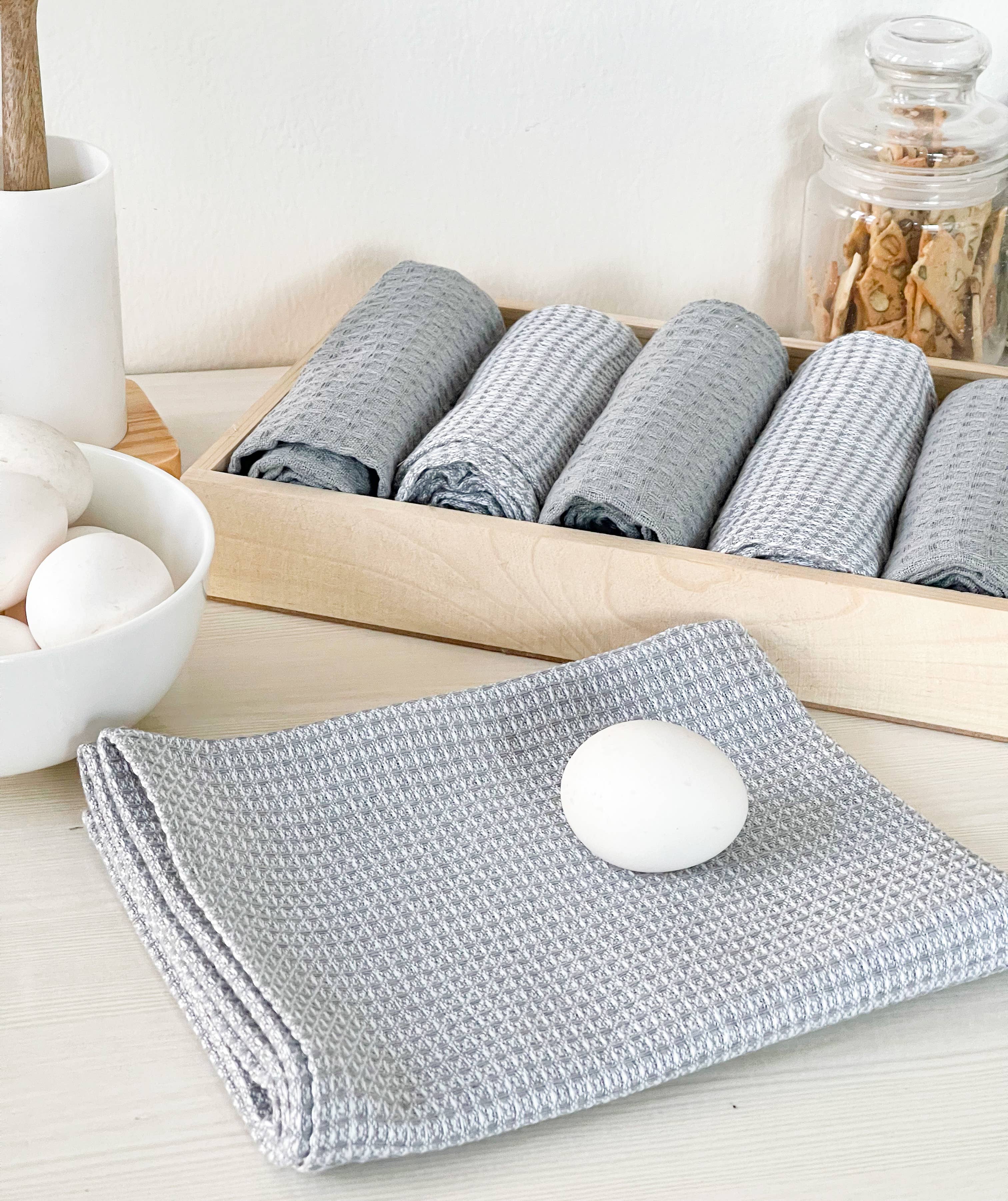 Grey Set of 6-Waffle Kitchen Towels, 18''X28'', Grey, Upcycled. for wholesale on Faire1