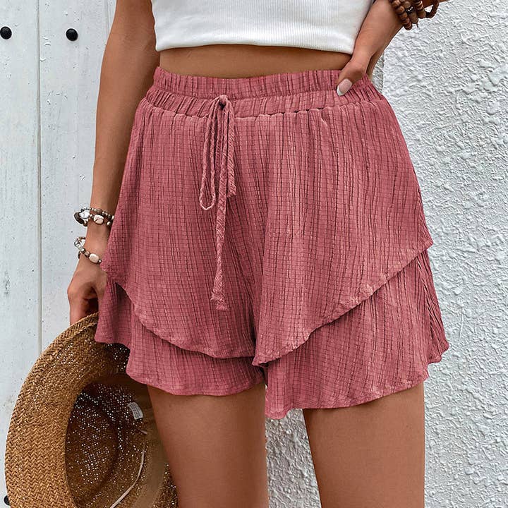 Lily Clothing - Wholesale Shorts - Women's - Flanged tiered lace-up shorts with elastic waist2