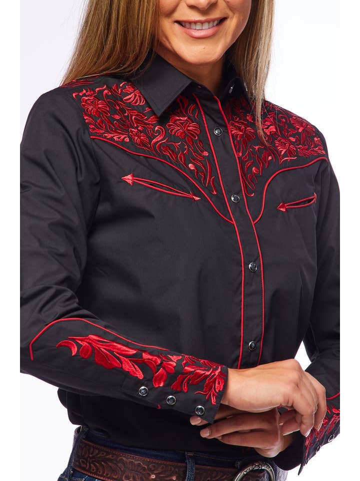 Rodeo Clothing - Vendita all'ingrosso Camicia button down - Donna - Abito da donna a maniche lunghe di ispirazione occidentale ricamato1