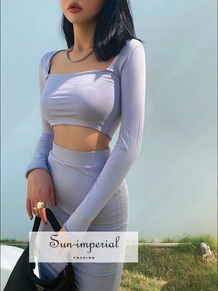 Women Light Grey Co Ord Square Neck Long Sleeves Crop for wholesale by Sun Imperial