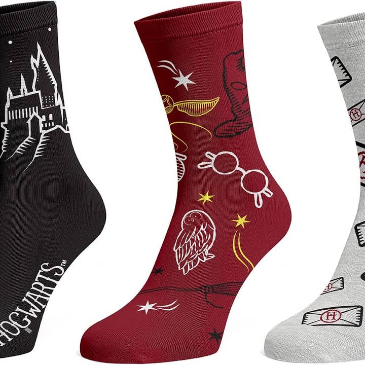 Harry Potter Hogwarts Themed 3 Pack Crew Socks for wholesale by Mimi Imports - Harry Potter