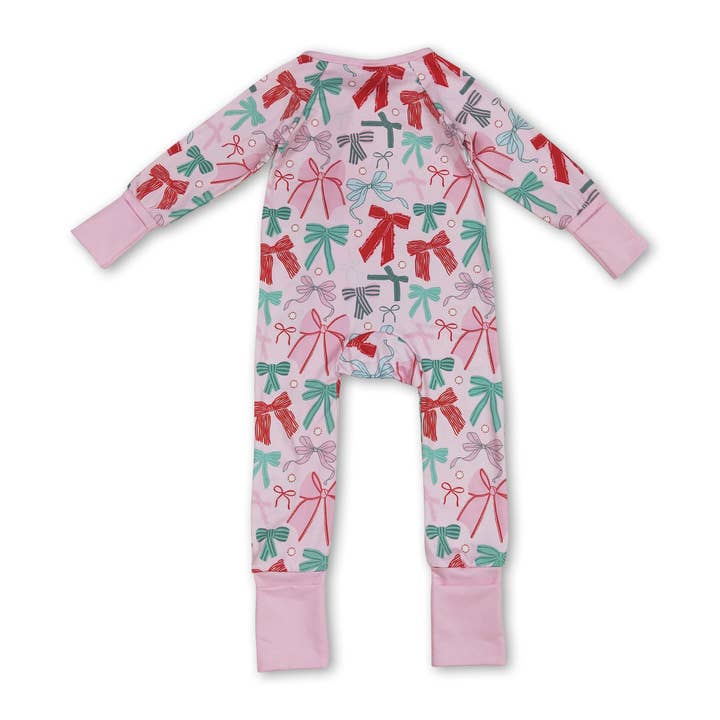 Yawoo Garments - Wholesale Jumpsuit - Baby - Pink long sleeves bows baby girls Christmas zip romper2