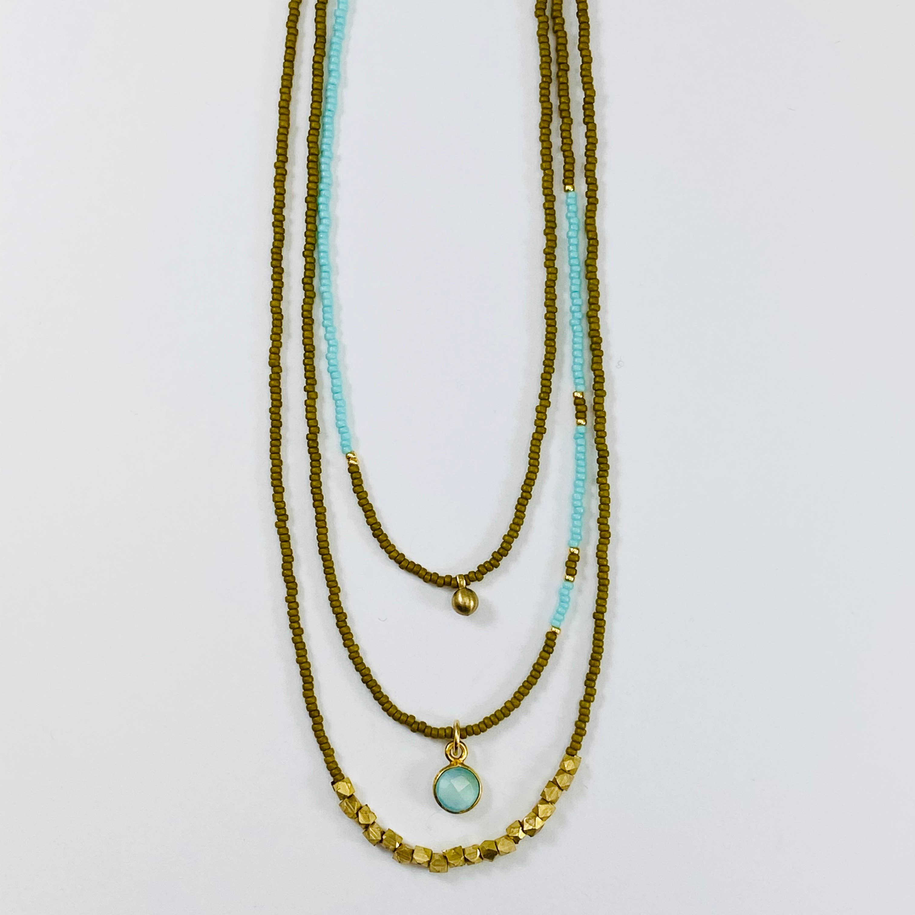 Sarah Crawford Handcrafted - Wholesale Jewelry Set - Greens Triple Beaded Necklace Set - Chalcedony & Tiny Brass1