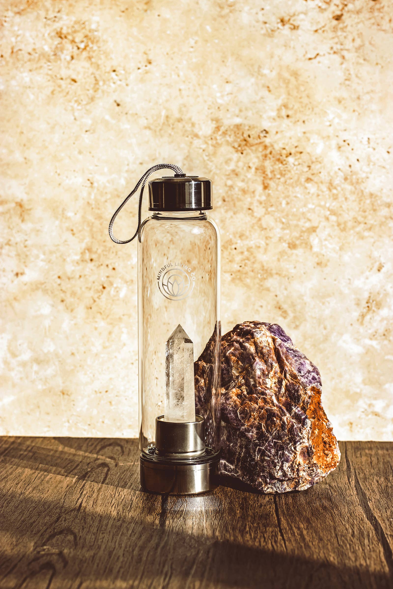 Mindful Living Co. - Wholesale Water bottle - Crystal Infused Glass Water Bottle – Clear Quartz - Clarity0
